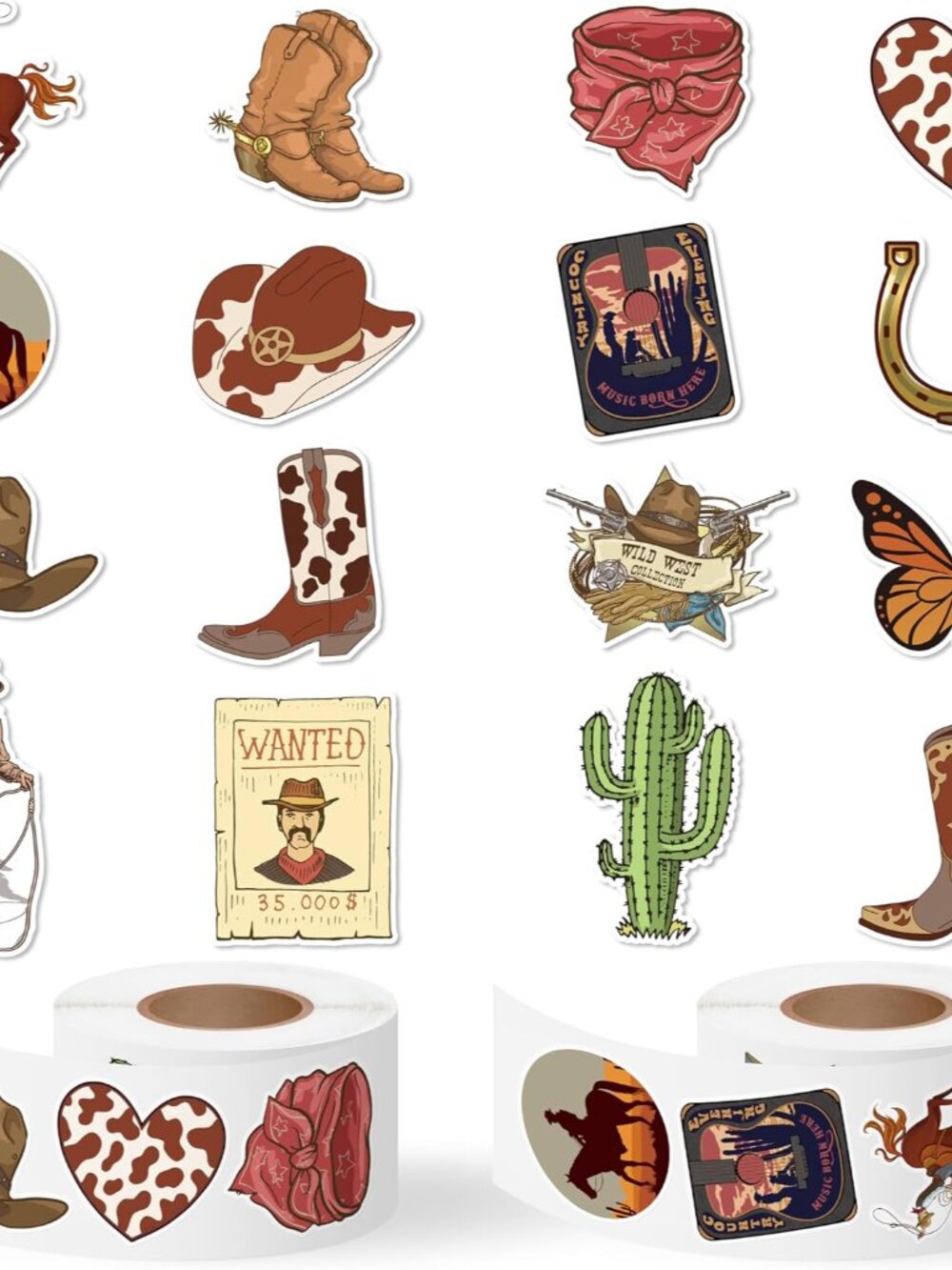 Western Cowboy Sticker Rolls, 1000pcs Cowboy Hat Boot Cactus Sticker
